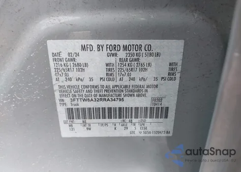 2024 Ford Maverick Xl z USA, uszkodzony, nr VIN 3FTTW8A32RRA34795